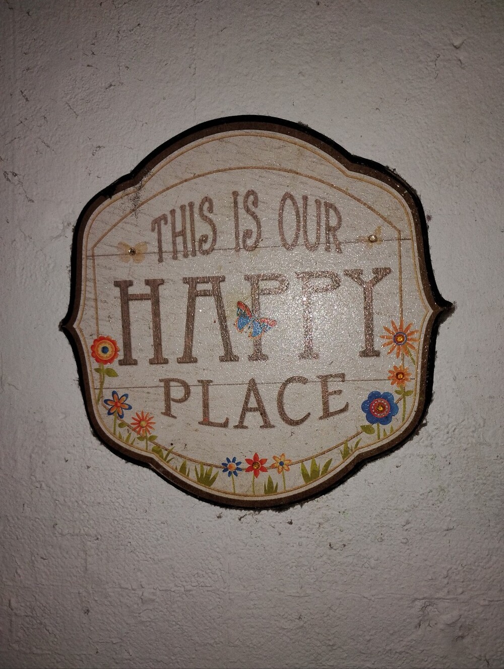 This Is Our Happy Place Wall Sign - Neutral Wood with Colorful Accents